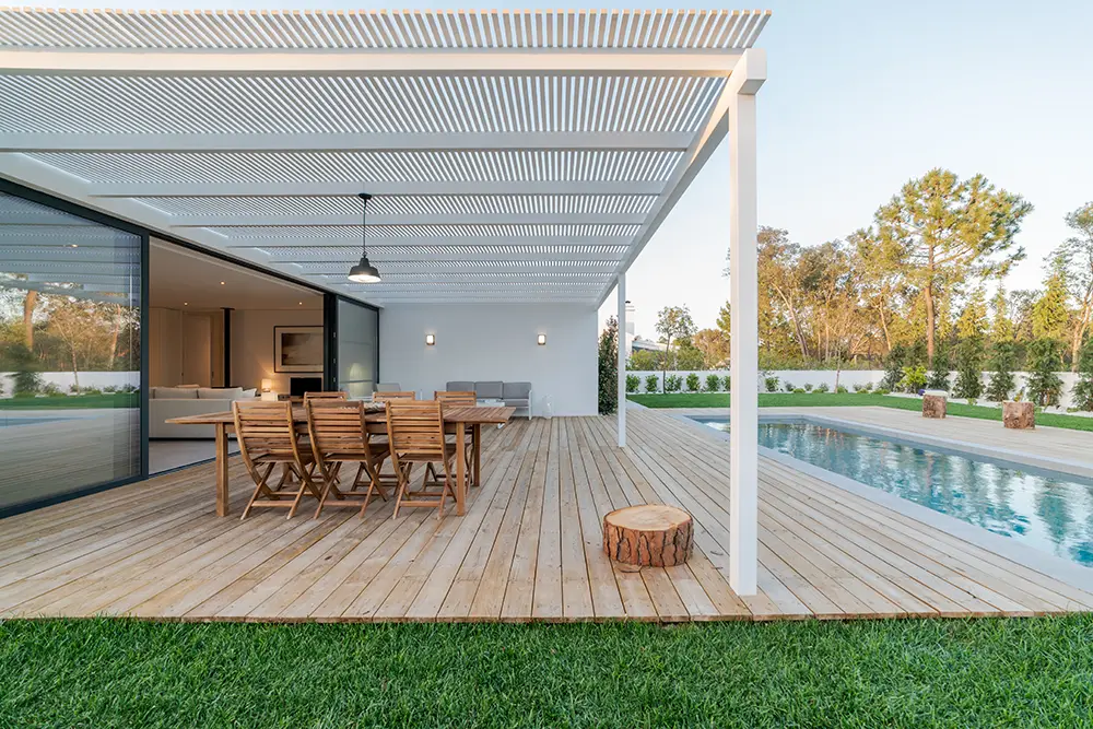 modern deck with a pool
